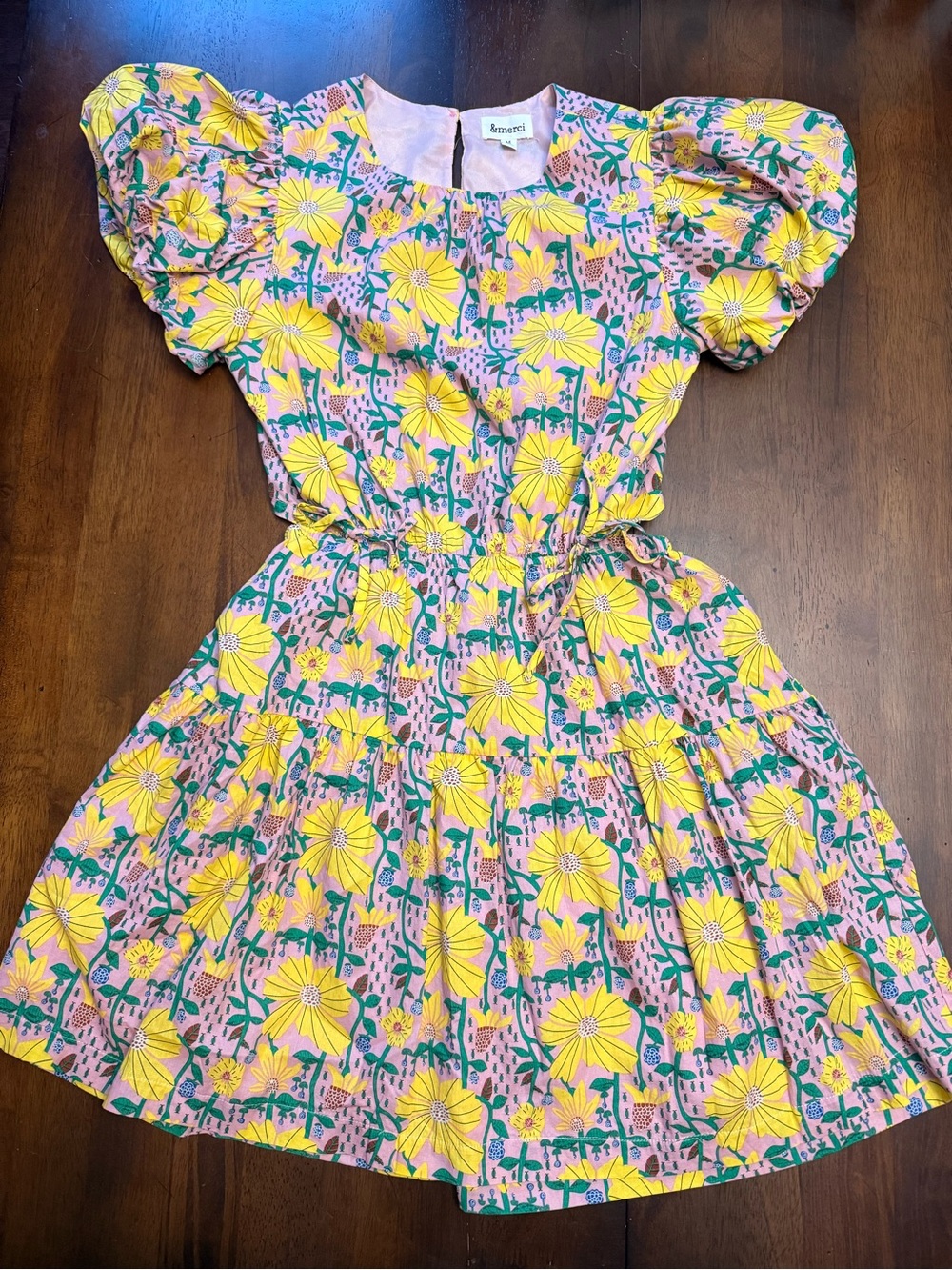 &merci Lillian Cut-Out Pink and Yellow Dress with Puffy Sleeves